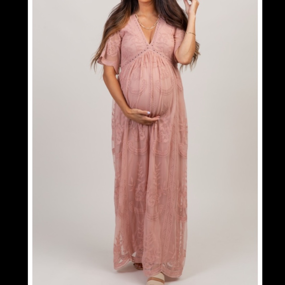 Light Pink Lace Mesh Overlay Maternity Maxi Dress